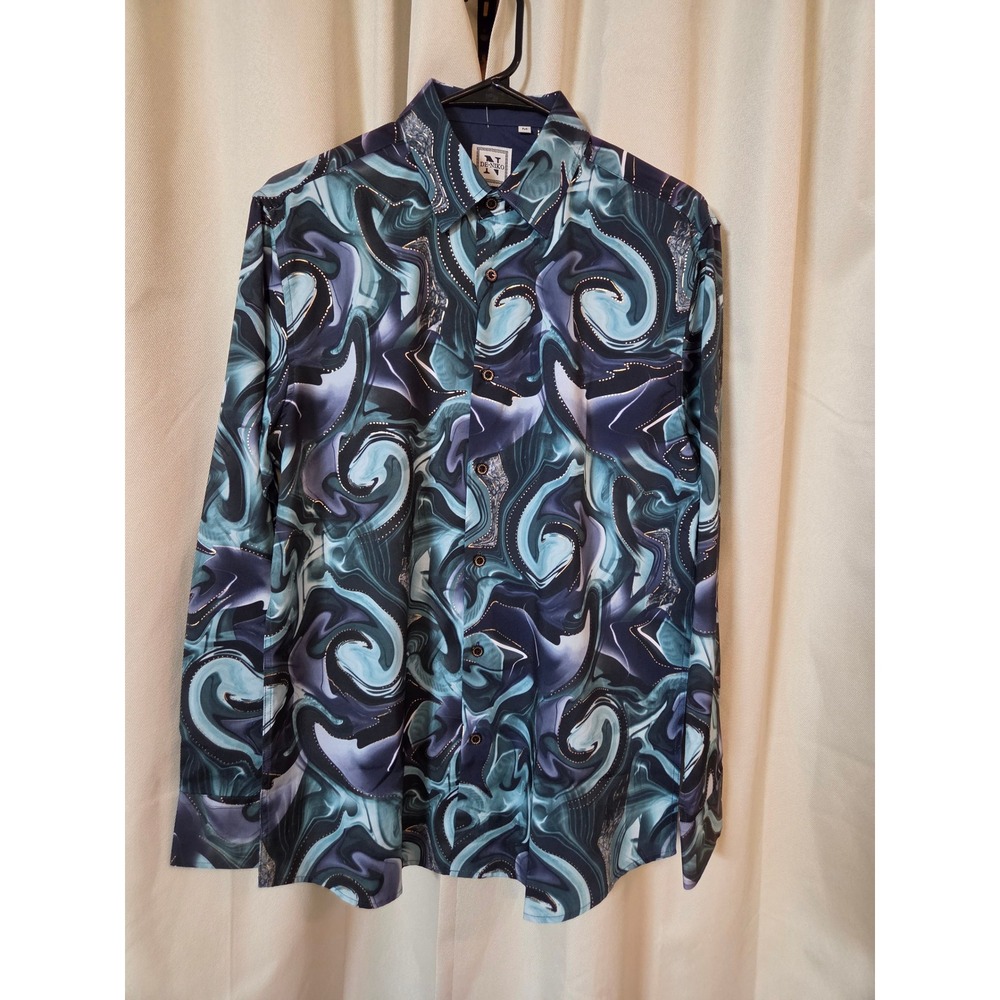DE-NIKO Mens Teal Marble Swirl Button Up Shirt Gold Metallic Accents Size M